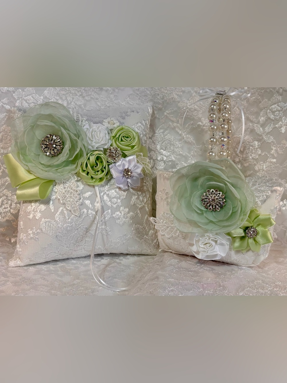 💍 Handmade Mint Green and White Ring Pillow and Flower Basket Set